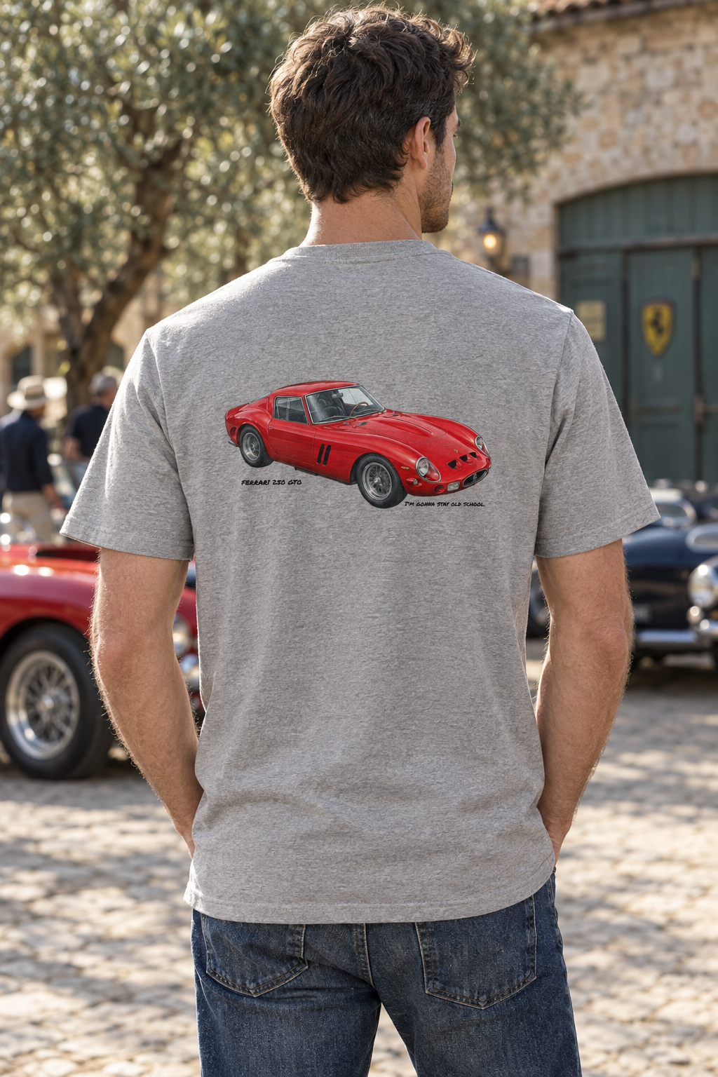 Heather grey Ferrari 250 GTO tee on a male model