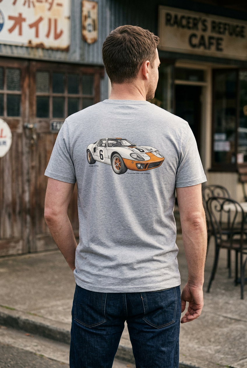 Heather grey Ford GT40 tee with a relaxed model pose