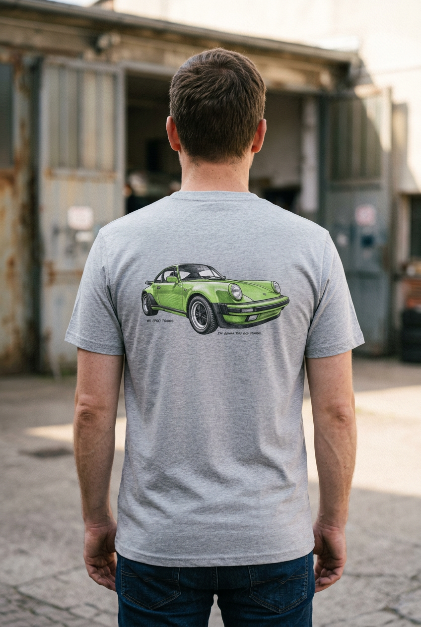 Heather grey Porsche 930 Turbo tee lifestyle image