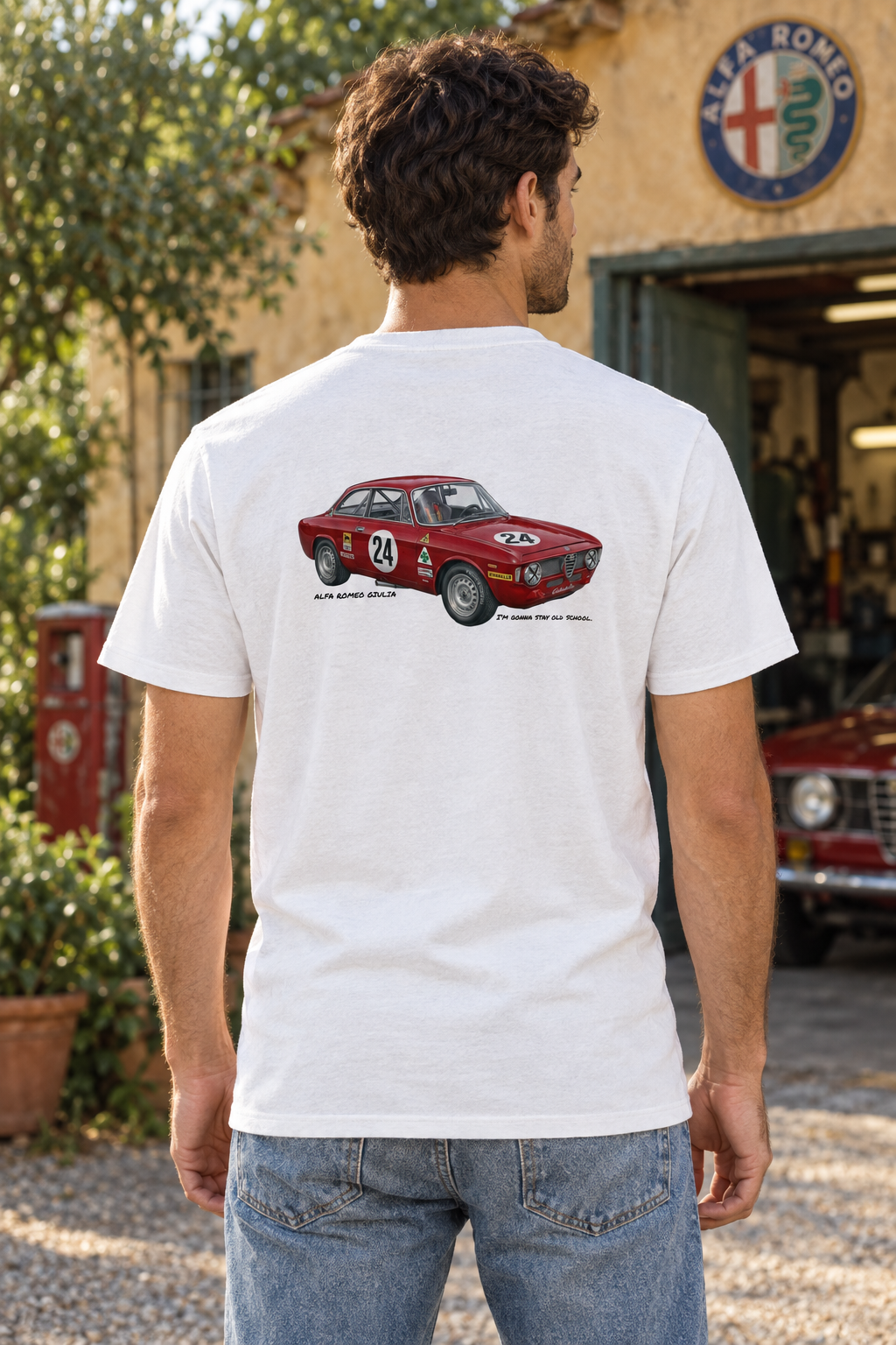 White Alfa Romeo Giulia tee on a male model