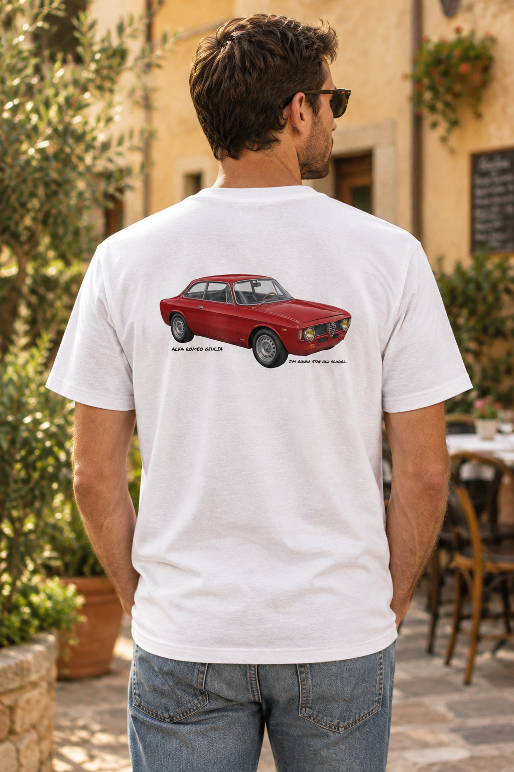 White Alfa Romeo Giulia tee on a male model
