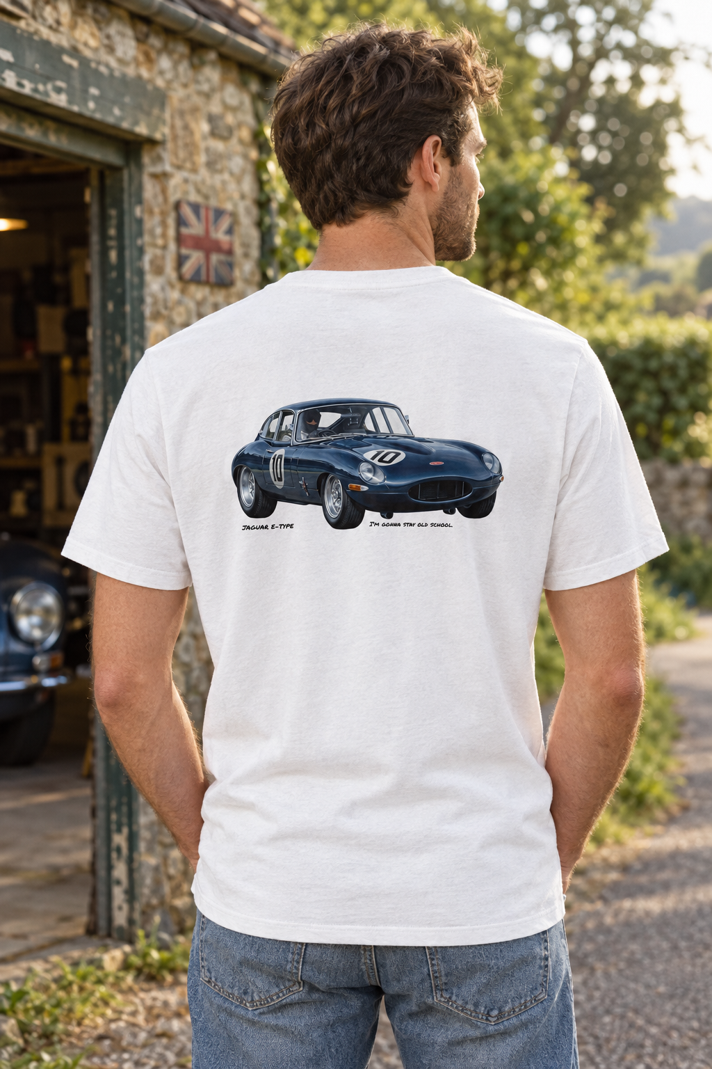 White Jaguar E-Type tee on a male model