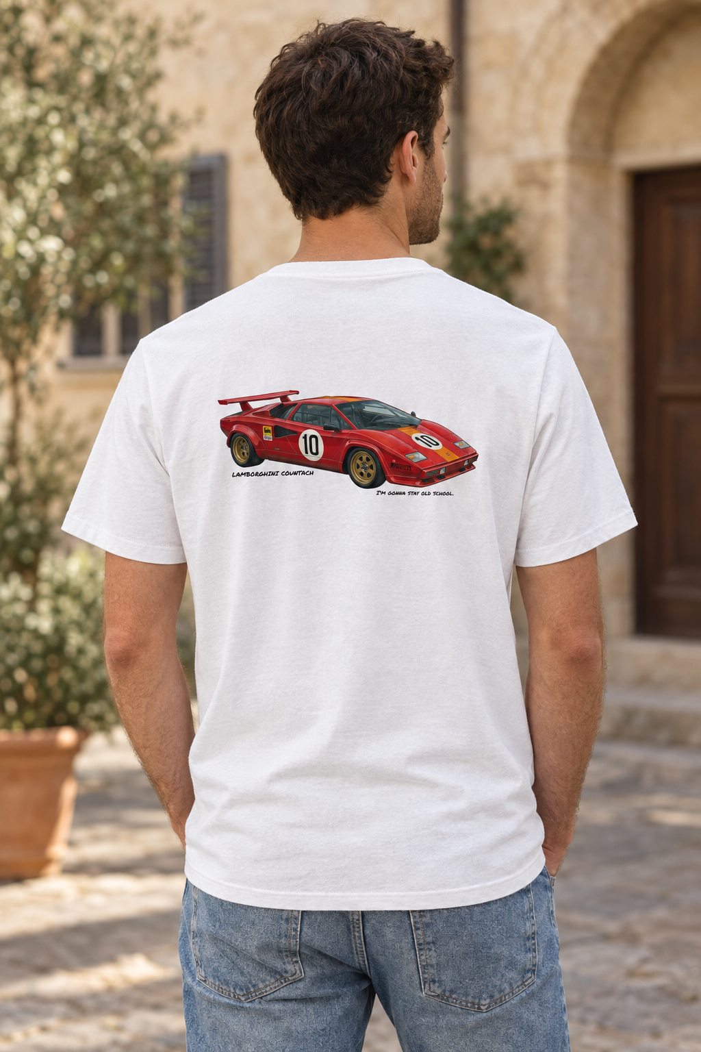 White Lamborghini Countach tee on a male model