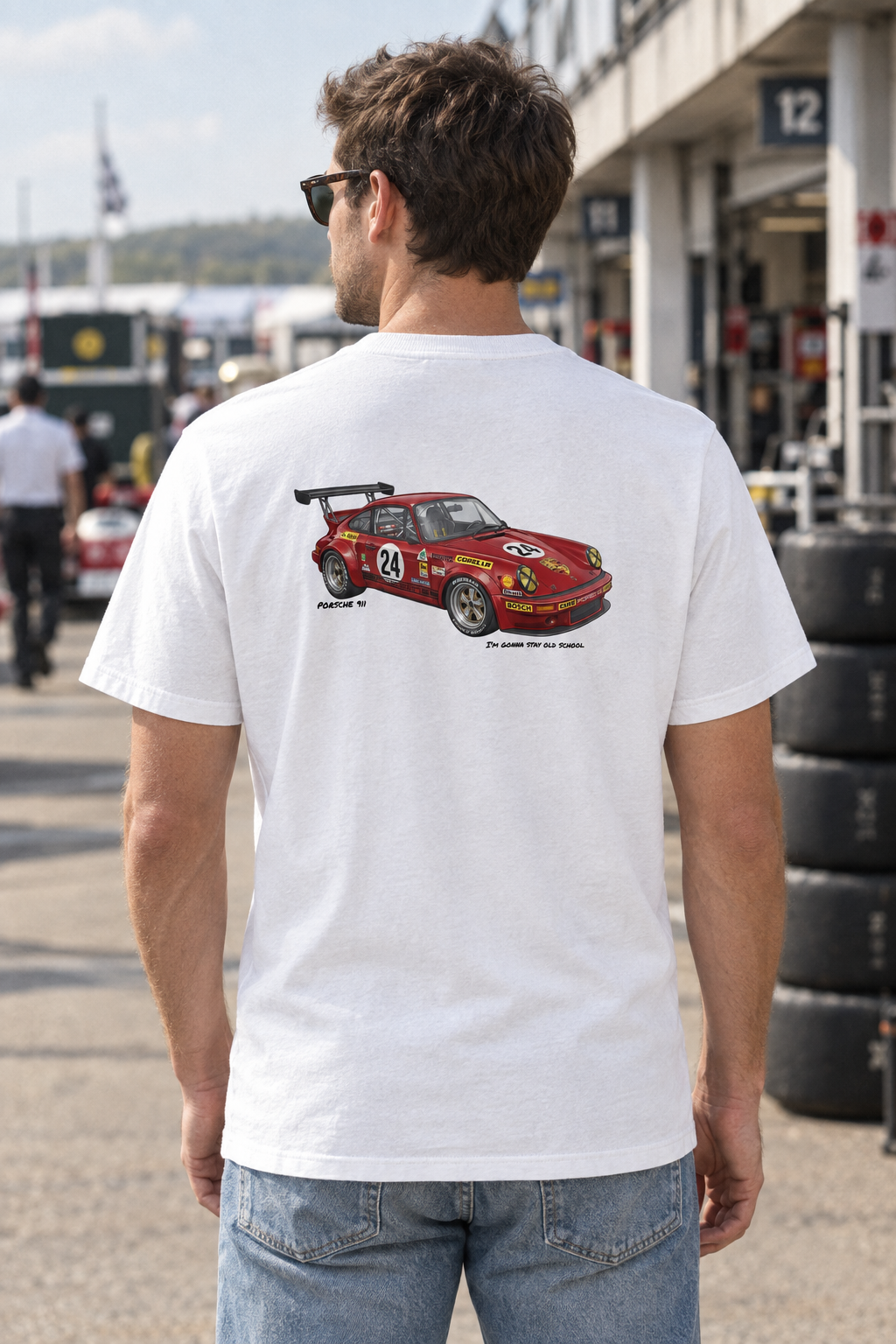 White Porsche 911 Race tee on a male model