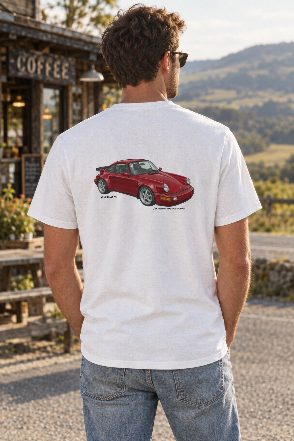 White Porsche 911 tee on a male model