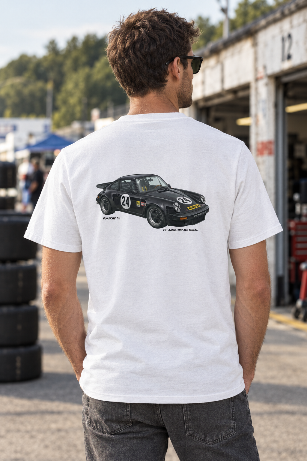 White Porsche 911 tee with black number 24 artwork on a male model