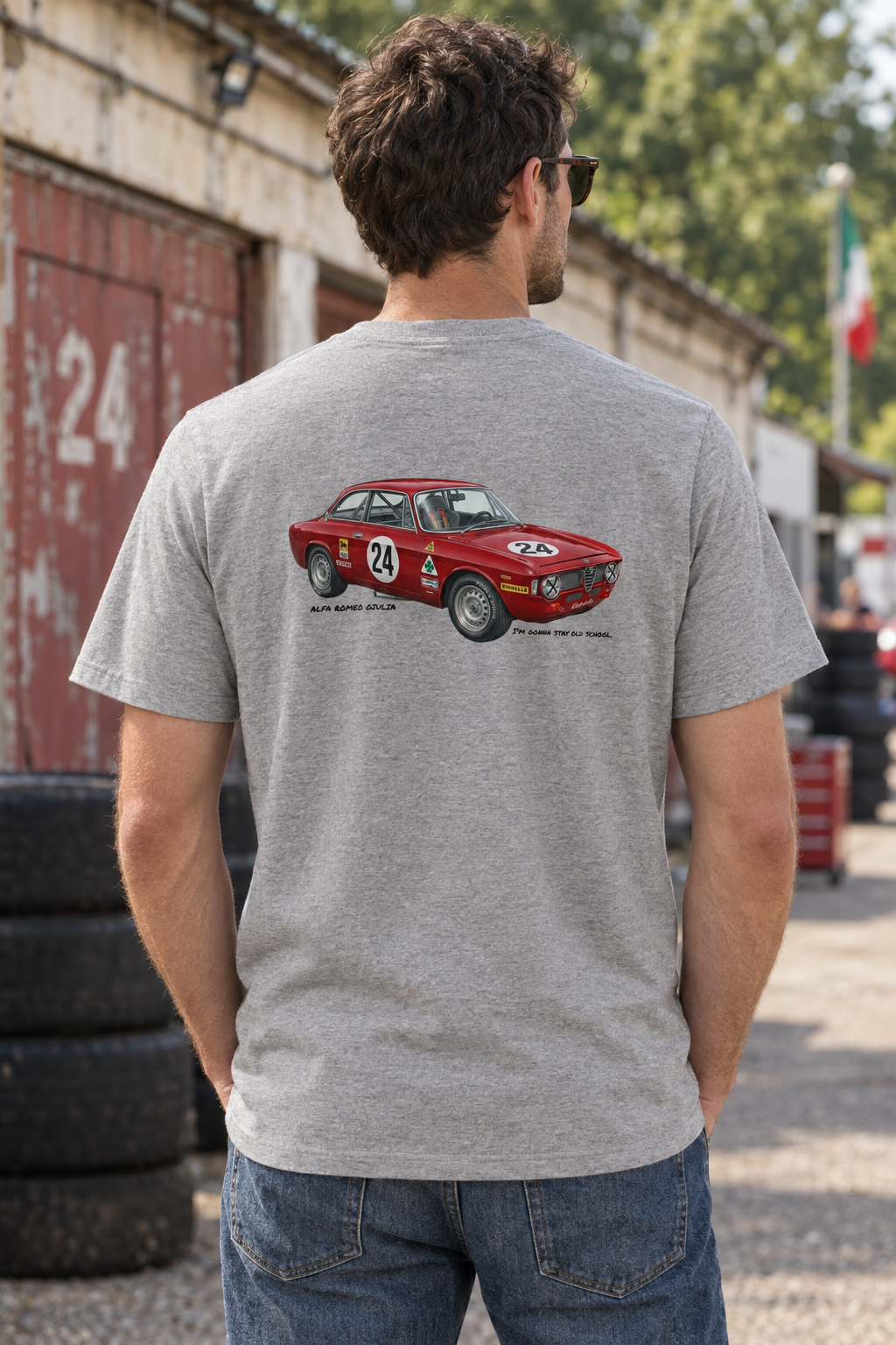 Heather grey Alfa Romeo Giulia racing tee on a male model