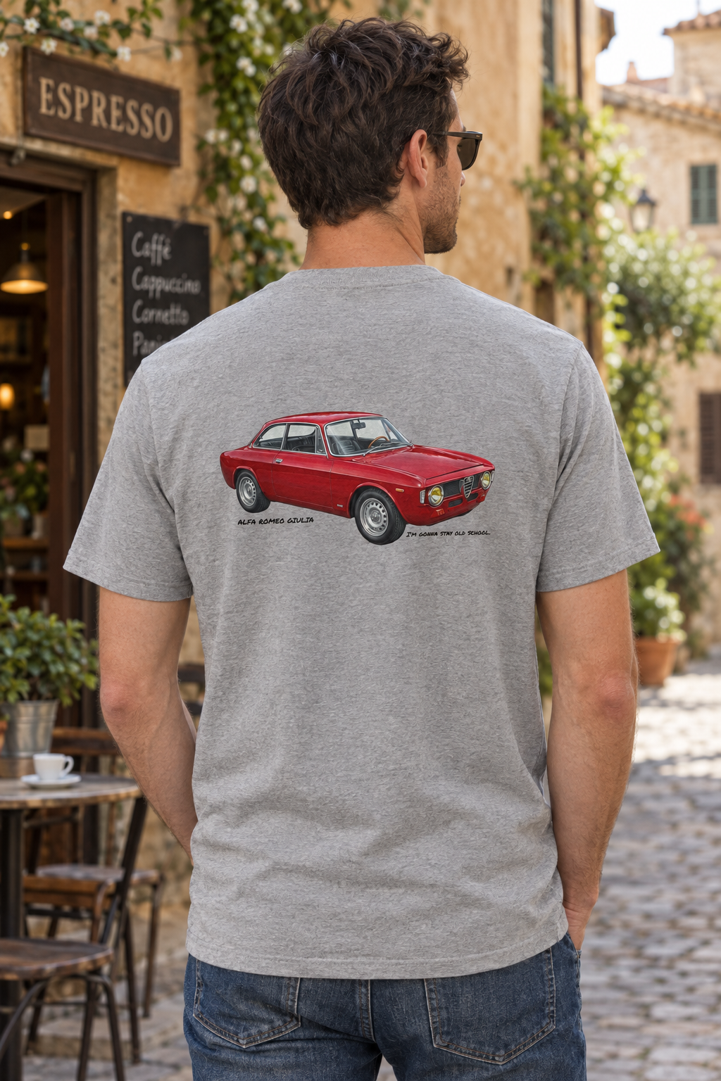 Heather grey Alfa Romeo Giulia tee on a male model