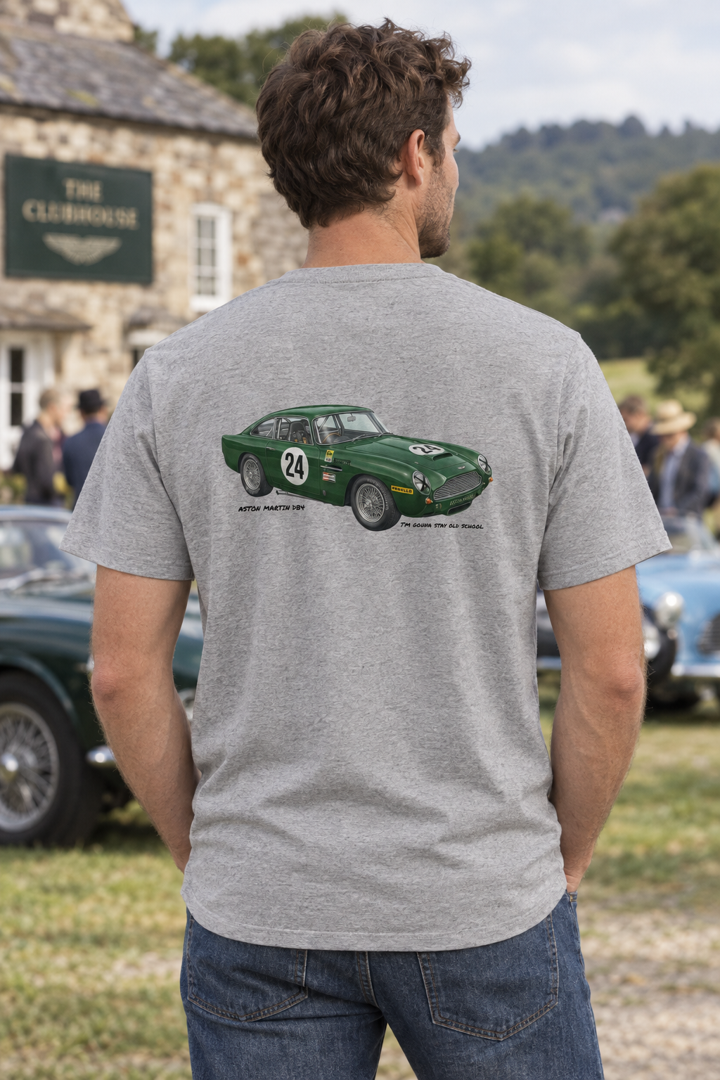 Heather grey Aston Martin DB4 tee on a male model