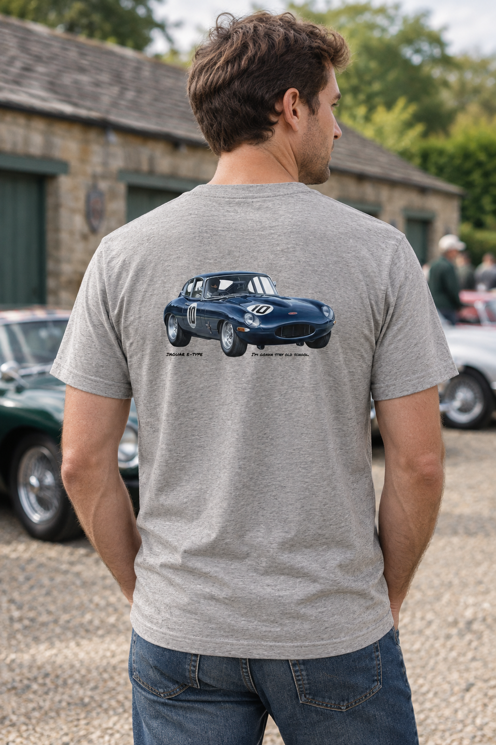 Heather grey Jaguar E-Type tee on a male model