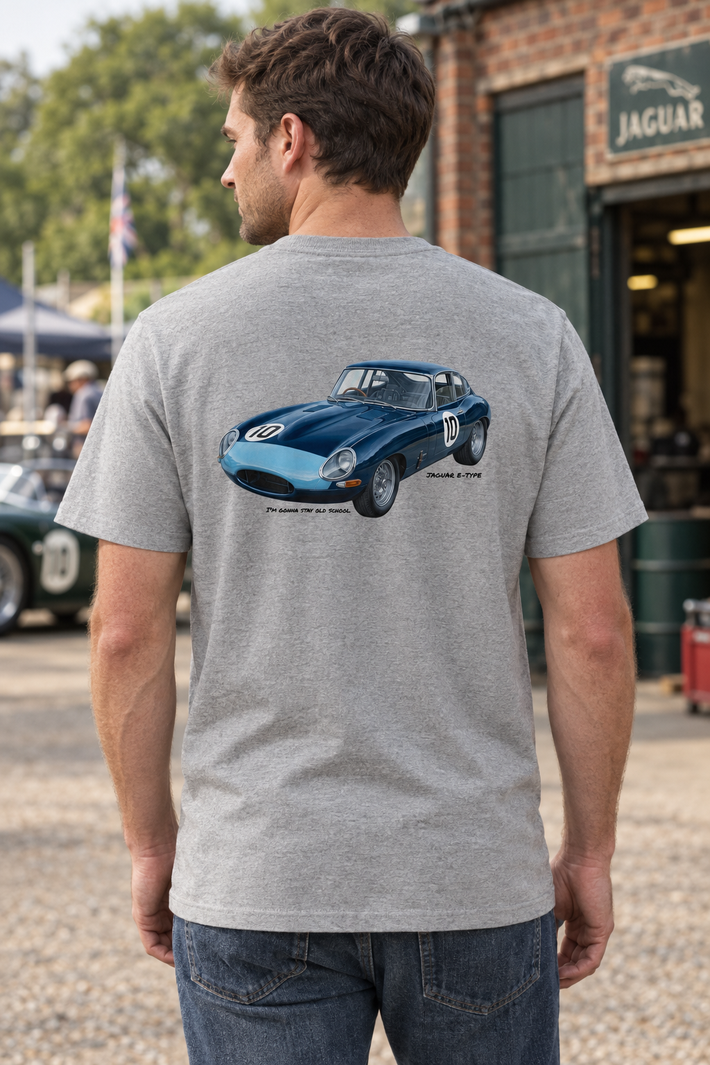 Heather grey Jaguar E-Type tee on a male model