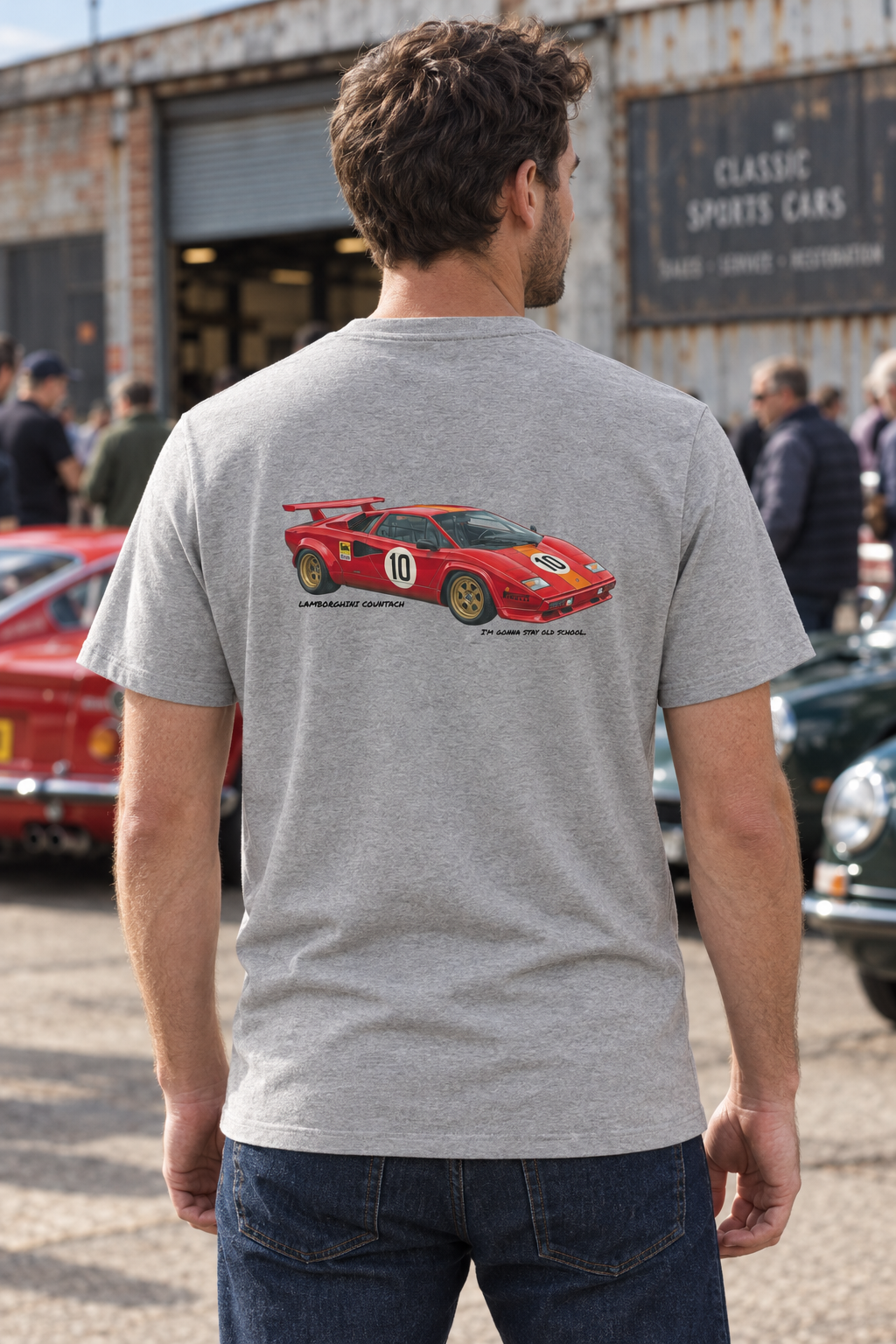 Heather grey Lamborghini Countach tee on a male model