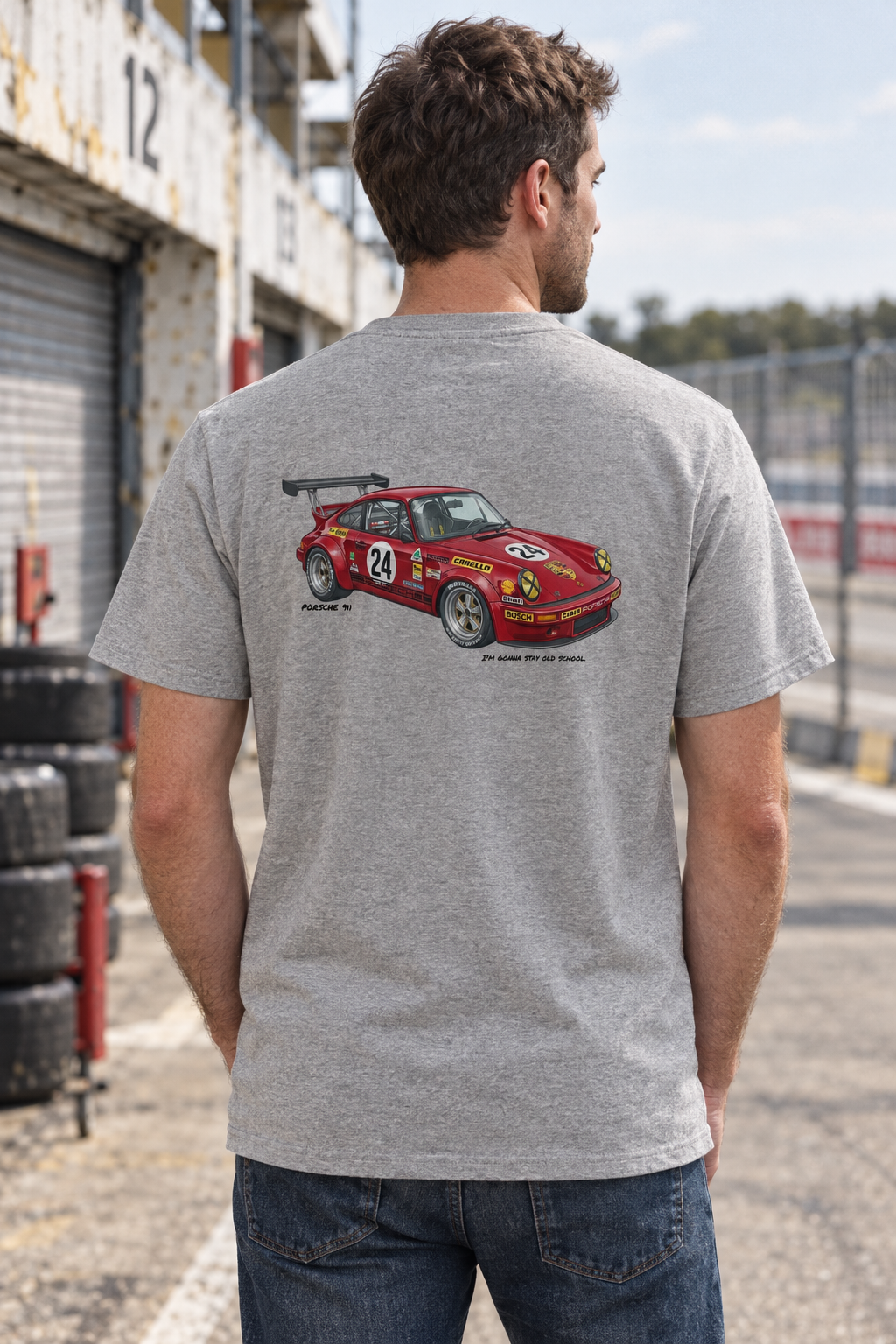 Heather grey Porsche 911 Race tee on a male model