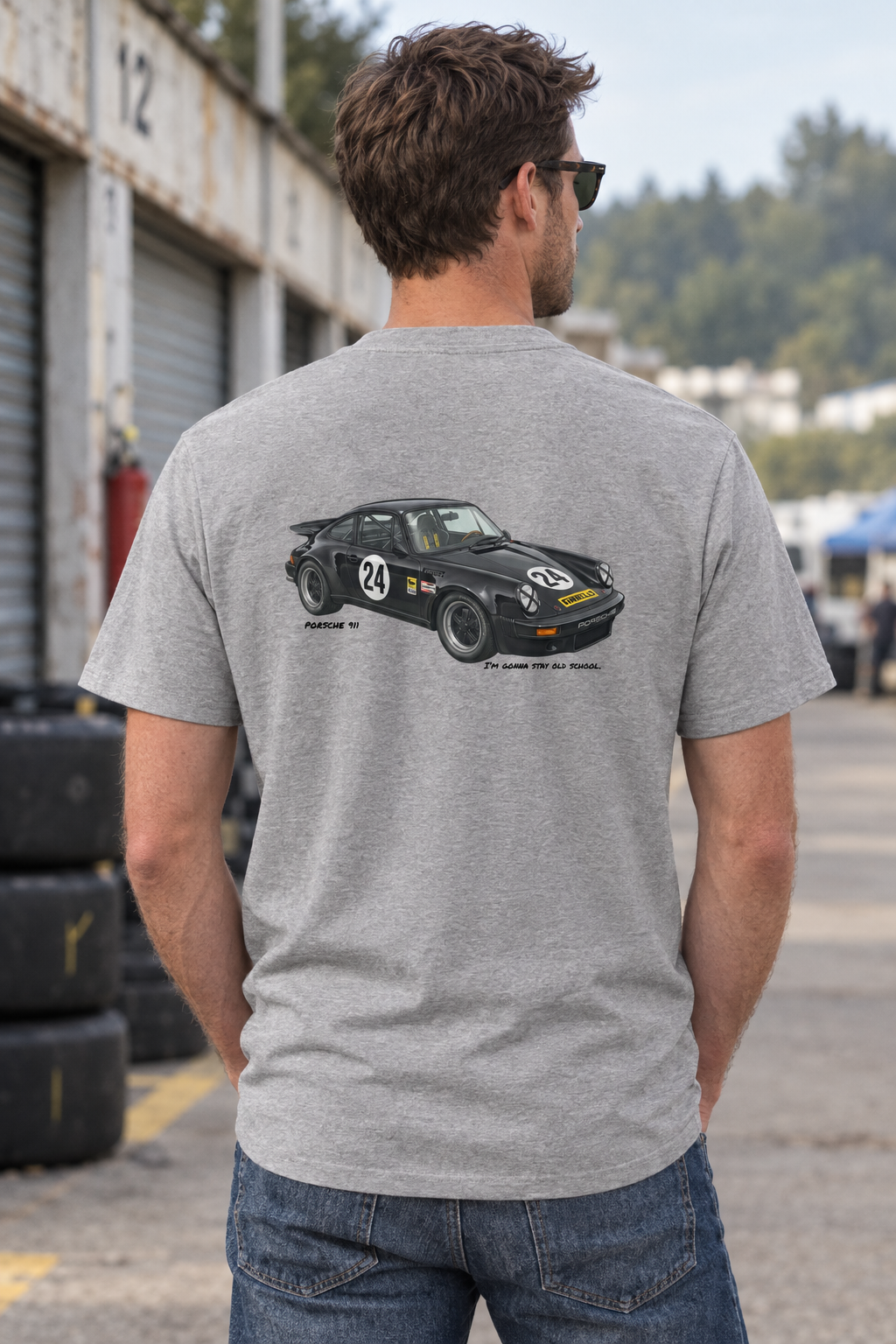 Heather grey Porsche 911 tee on a male model
