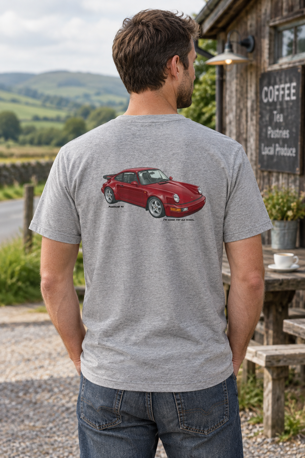 Heather grey Porsche 911 tee on a male model