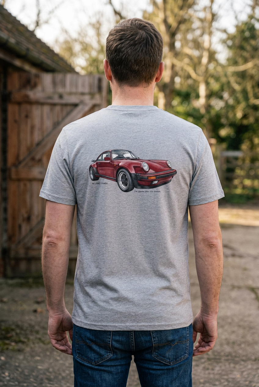 Heather grey Porsche 930 Turbo tee lifestyle image