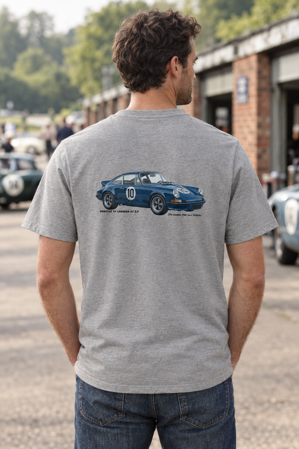Heather grey Porsche Carrera RS tee on a male model