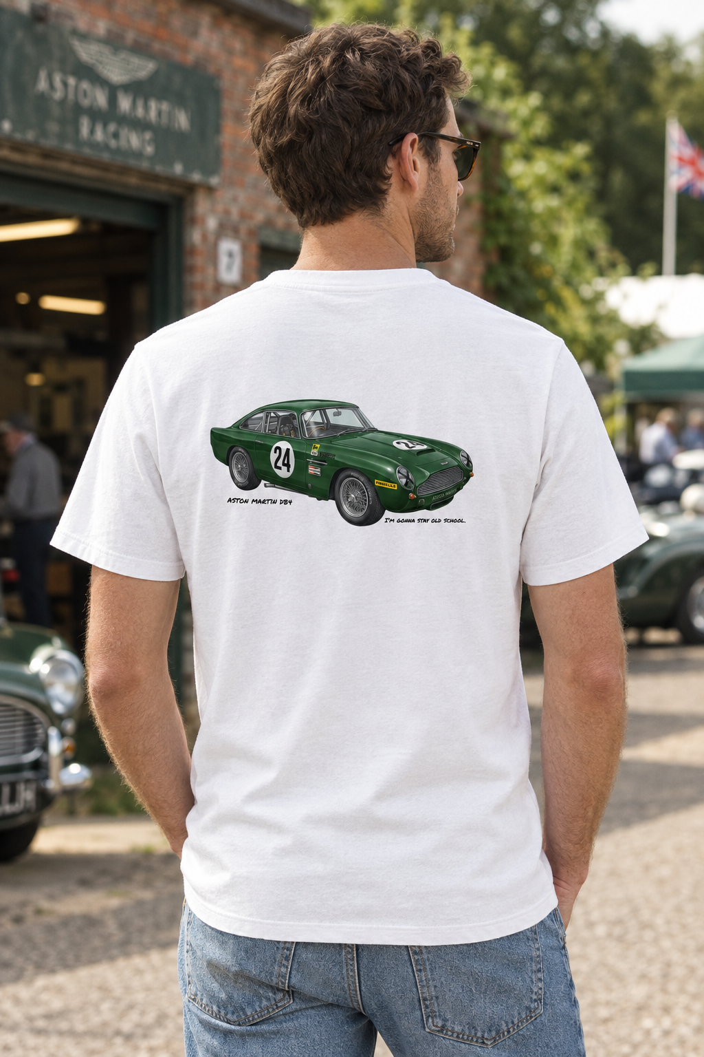 White Aston Martin DB4 tee on a male model