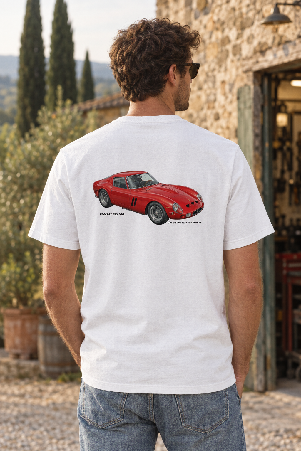 White Ferrari 250 GTO tee on a male model