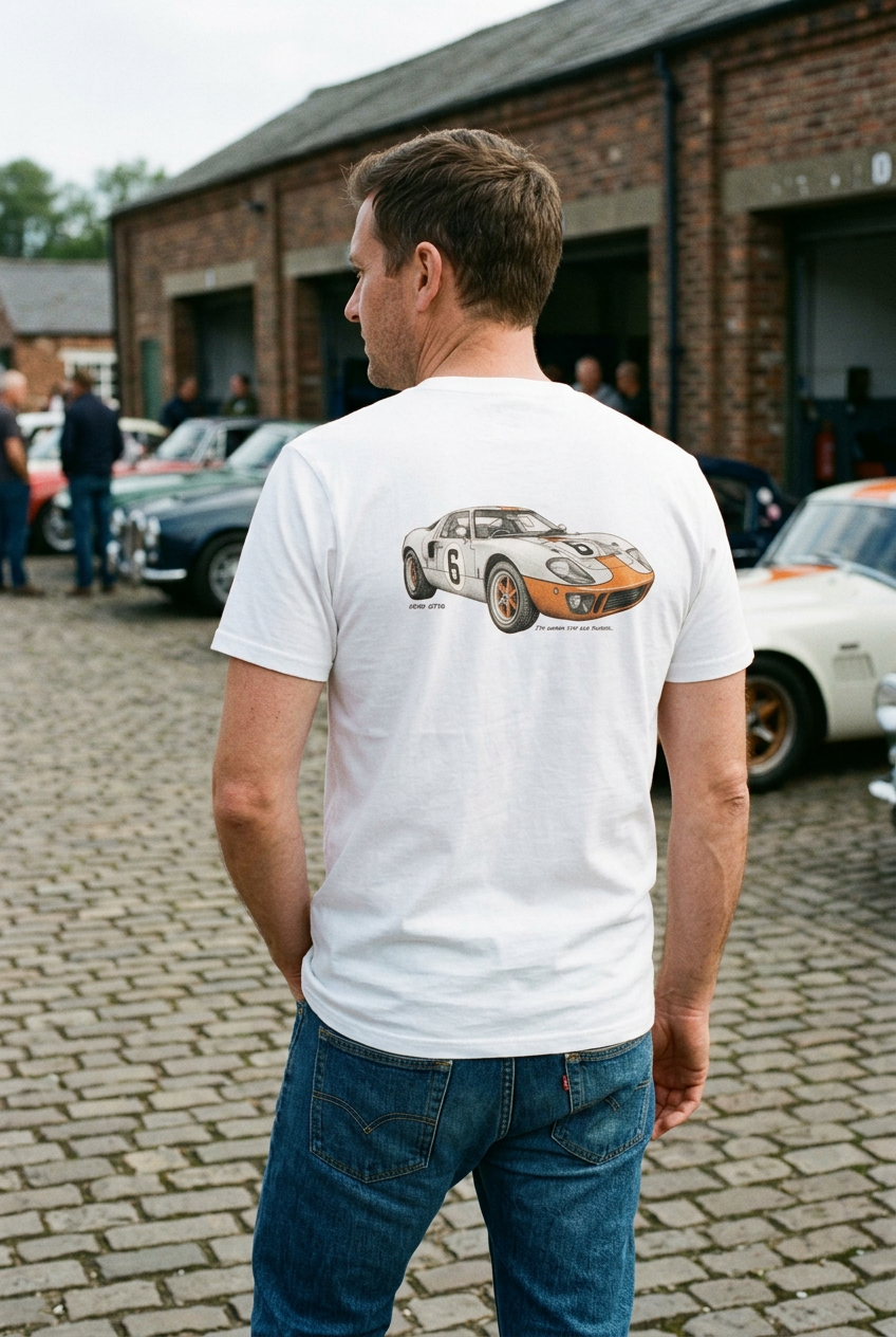 White Ford GT40 tee with a relaxed model pose