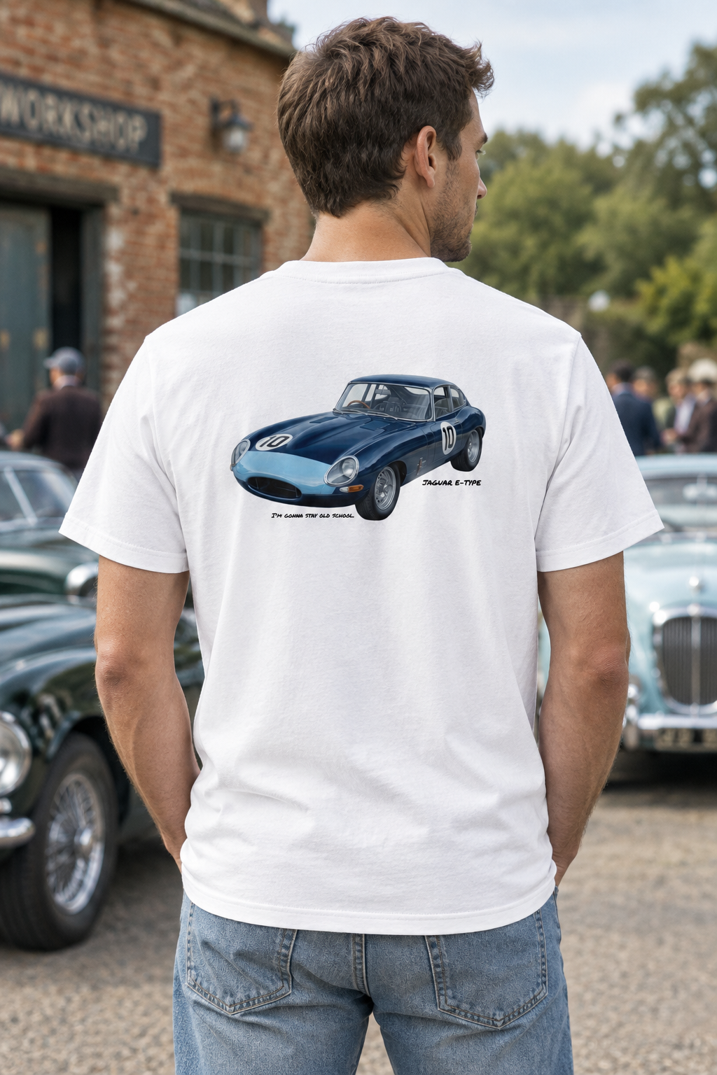 White Jaguar E-Type tee on a male model