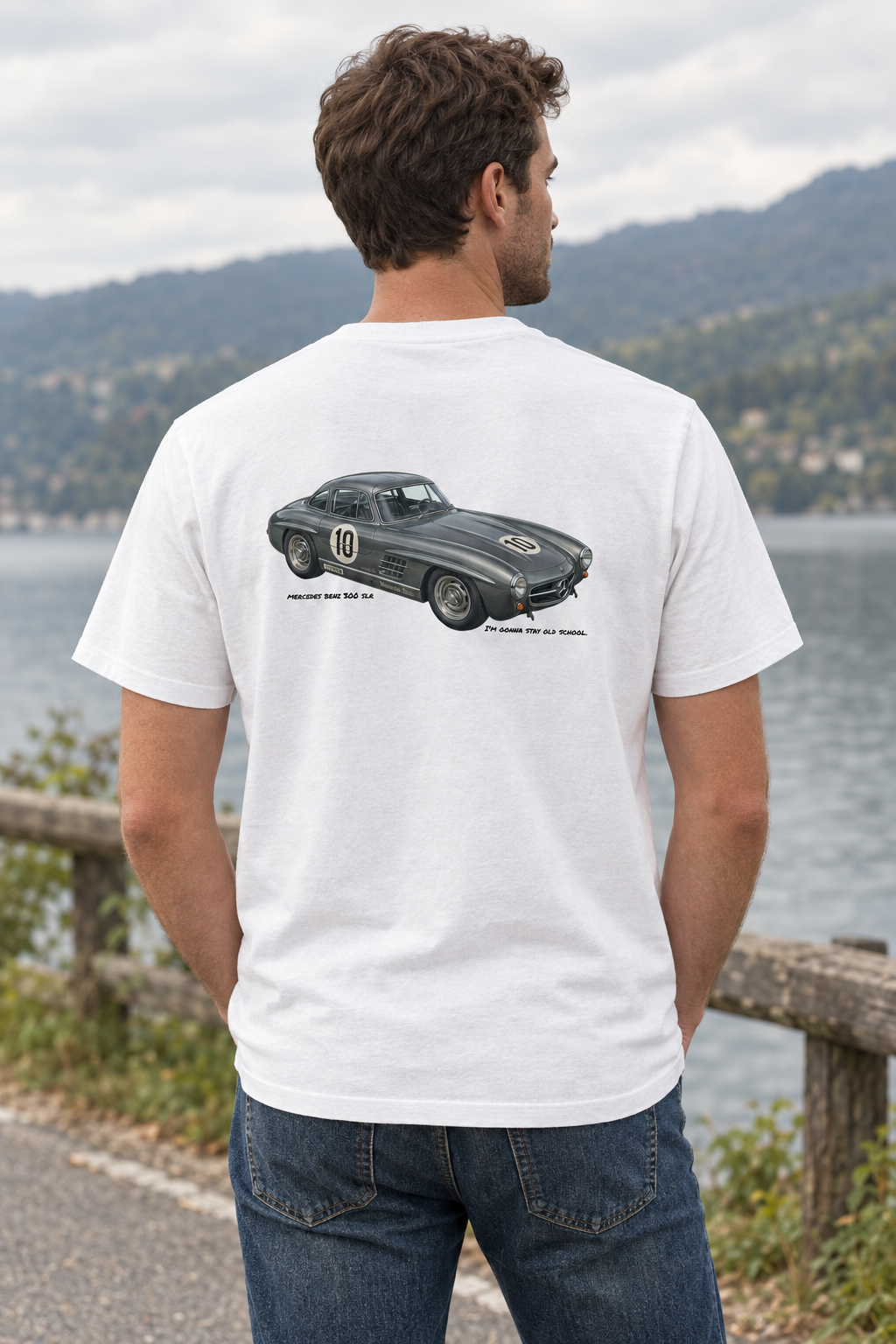 White Mercedes tee on a male model at a lakeside stop