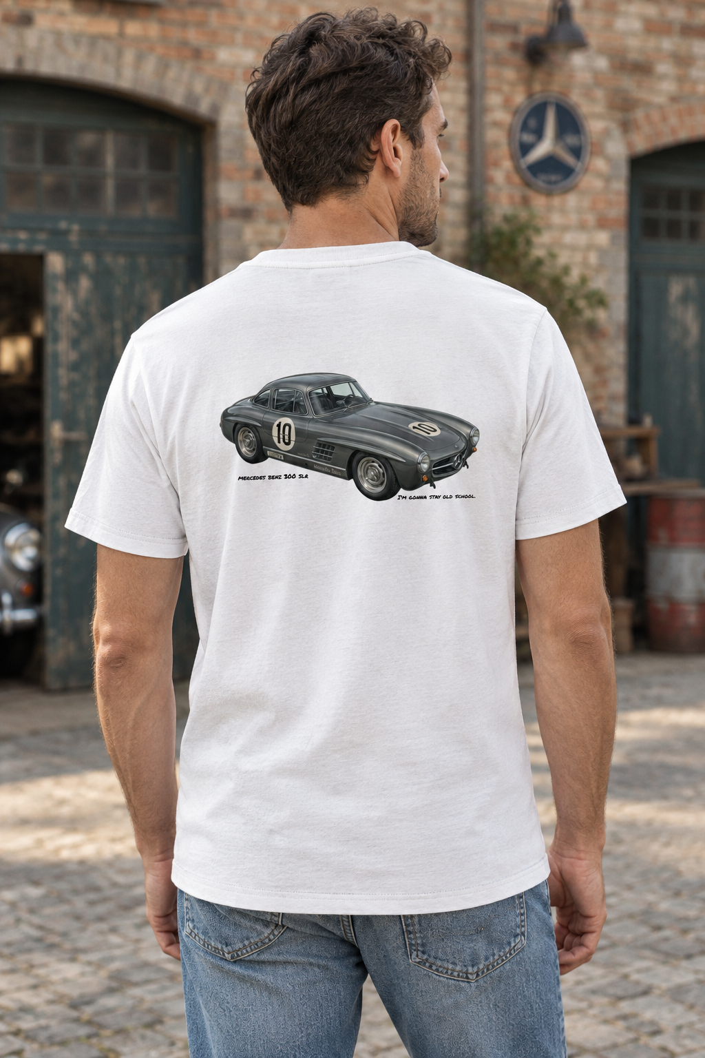 White Mercedes tee on a male model