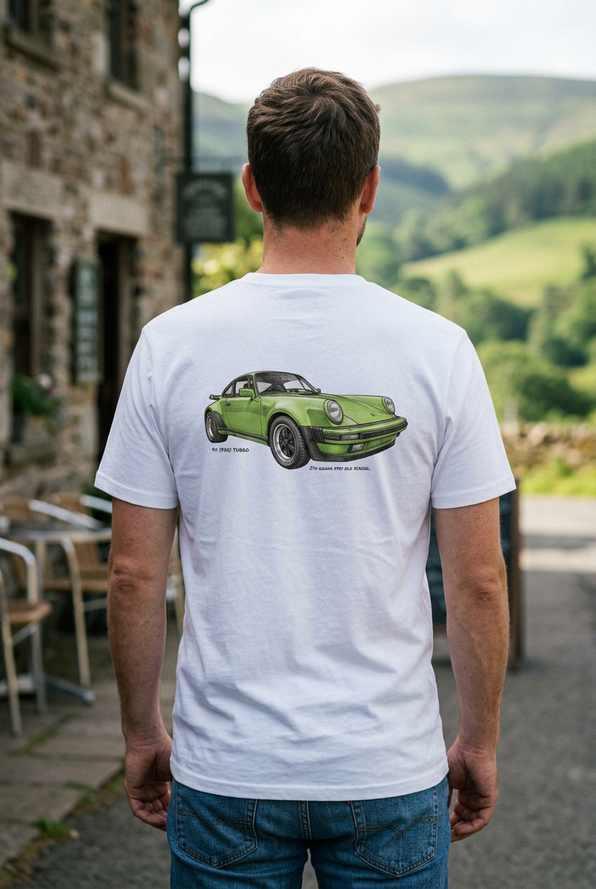 White Porsche 930 Turbo tee lifestyle image