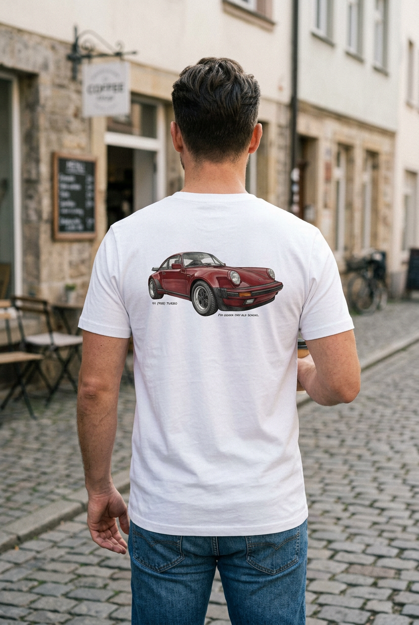 White Porsche 930 Turbo tee lifestyle image