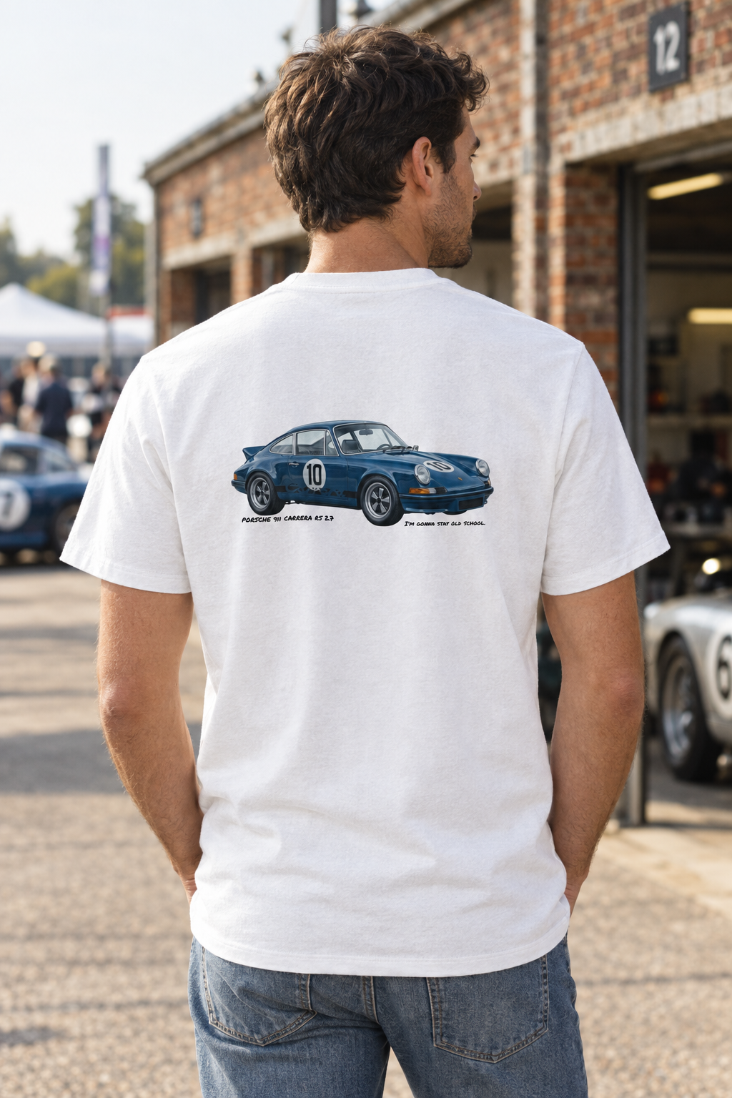 White Porsche Carrera RS T-shirt on a male model
