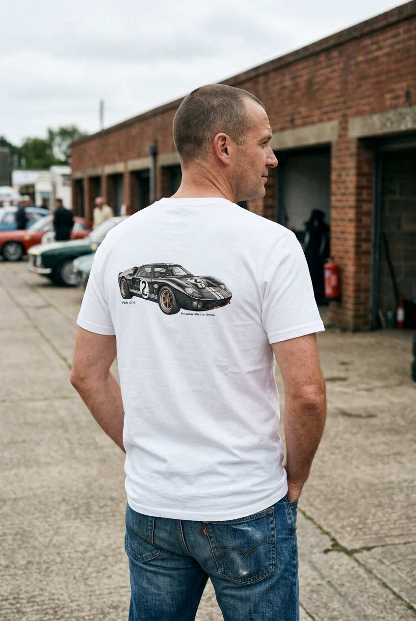 White tee with black number 2 Ford GT40 artwork